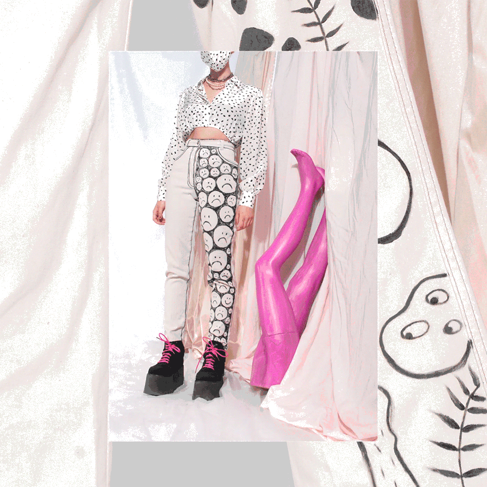 Animgif with a model wearing reworked hand-painted vintage jeans